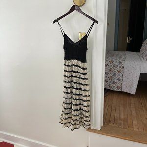 Free People Black and Cream Comb Crochet Lace Sleeveless Midi Dress, Size M